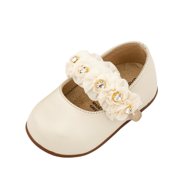 Flowers Strap Ivory Leather Ballerinas